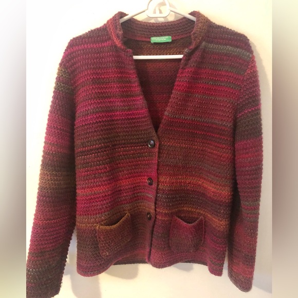 Benetton Y2k Chunky Ribbed Red Burgundy Wool Sweater button up cardigan size M - Picture 12 of 12
